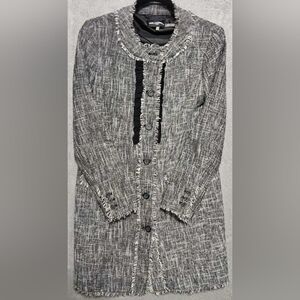 Karl Lagerfeld Paris Black / White Tweed Long Coat  Fringe and Ruffle Details